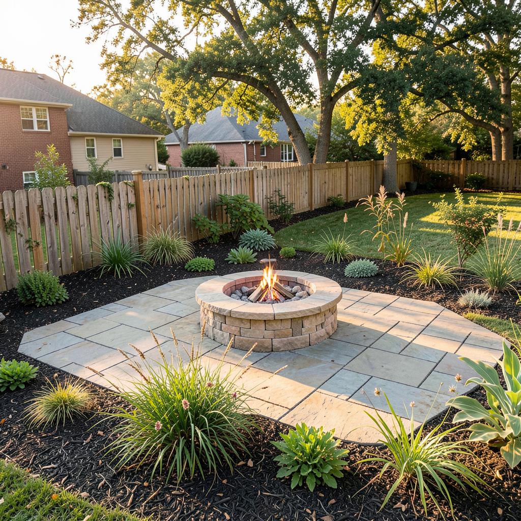 Flagstone patio with fire pit and low-maintenance plantings in a Fort Mill SC backyard
