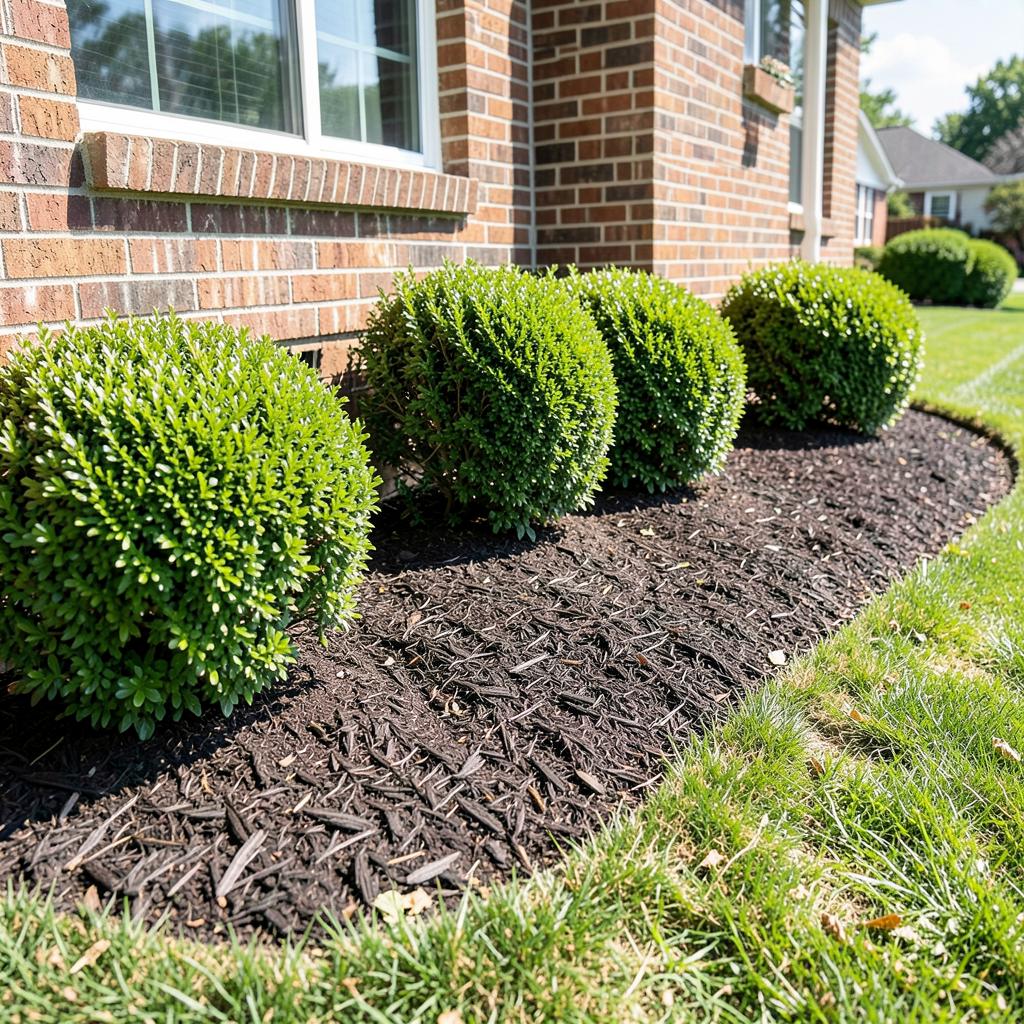 Freshly mulched bed with trimmed boxwoods along a brick home in Indian Land SC