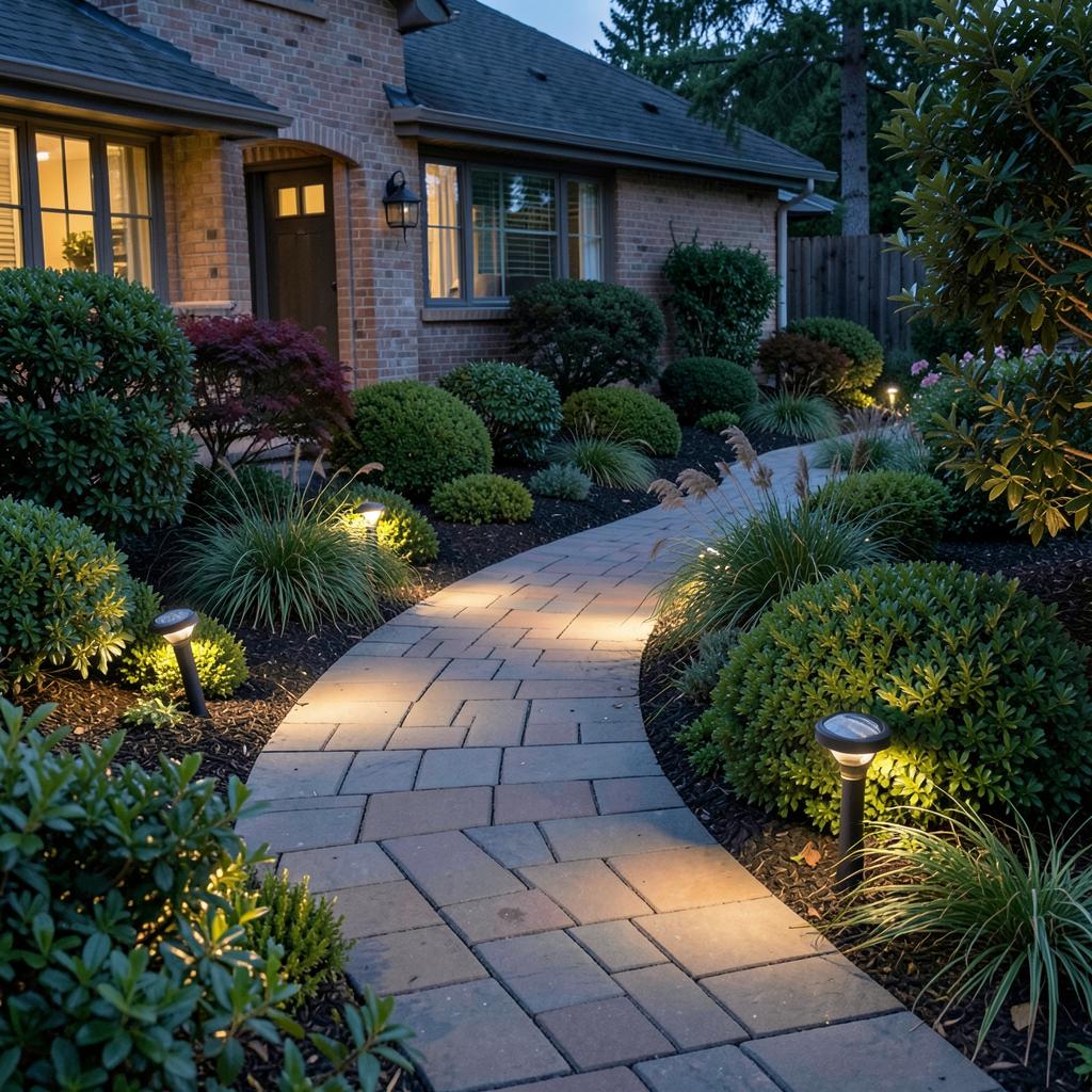 Paver walkway with path lighting through a landscaped front yard