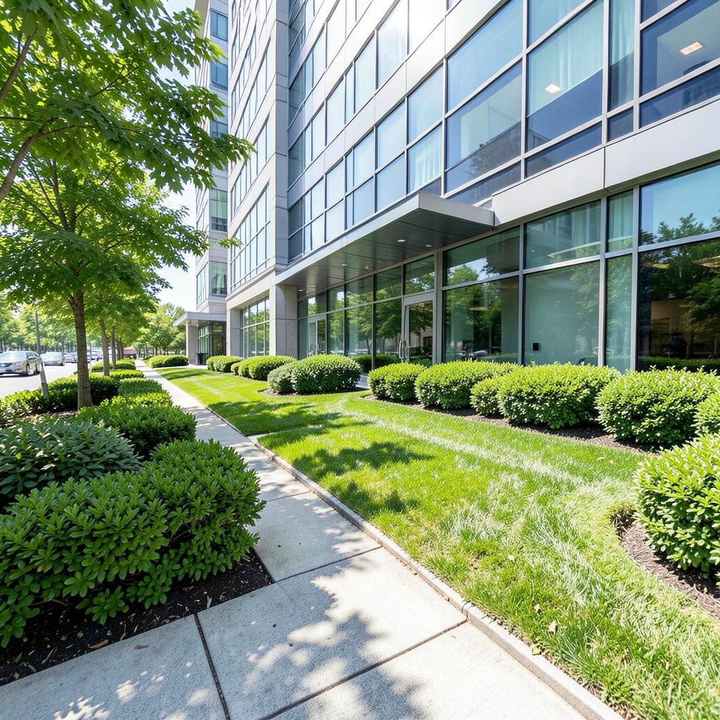 Commercial property landscaping with tidy shrubs outside an office building
